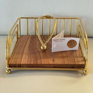 NWT Gorgeous Modern Gold Metal with   Rustic Wood Base Napkins Holder Minimalis